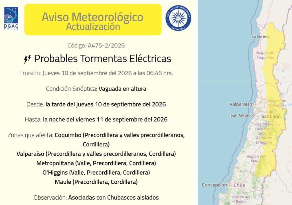 La Dirección Meteorológica de Chile mantiene un aviso por la ocurrencia de tormentas eléctricas hasta la noche del viernes.