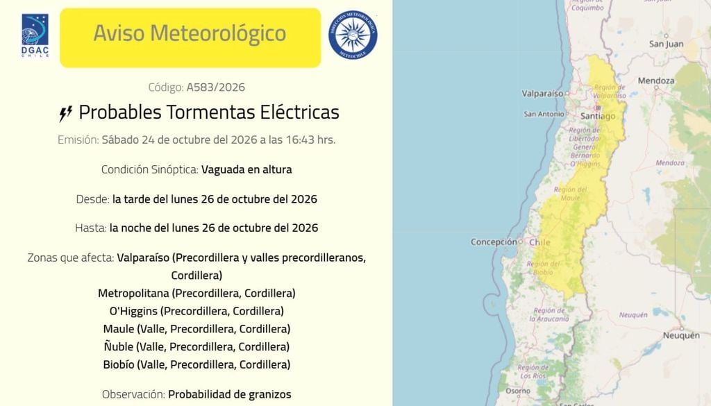 El aviso meteorológico de la DMC contempla probables tormentas eléctricas desde la tarde hasta la noche del lunes 26 de octubre.