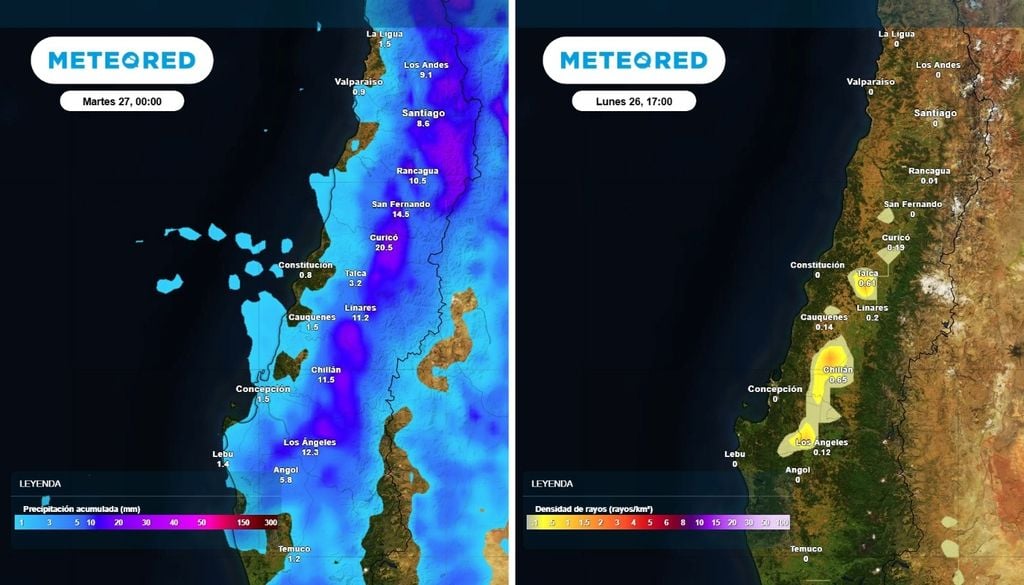 Las precipitaciones y las tormentas eléctricas ocurrirán principalmente en sectores interiores de la zona central. Lo más intenso se espera durante la tarde del lunes.