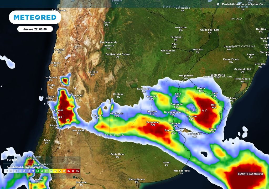 Pronóstico, Clima, Tiempo, Argentina Probabilidad de precipitaciones durante este jueves según mapas propios basados en nuestro modelo de confianza ECMWF