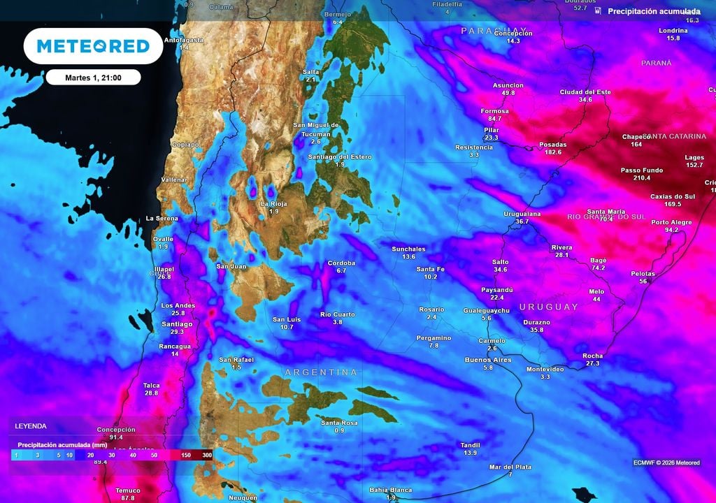 Pronóstico, Clima, Tiempo, Argentina Acumulados de lluvia previstos hasta el próximo martes según nuestro modelo de referencia ECMWF