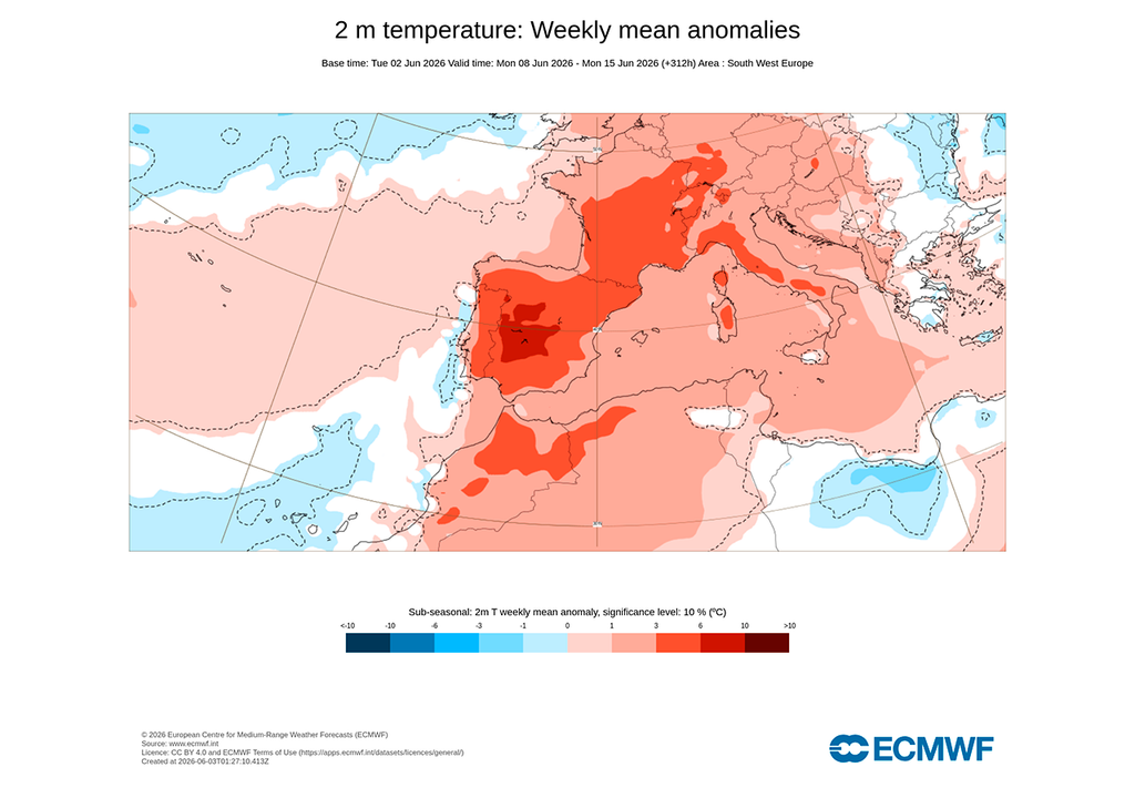 La semana que viene de nuevo España podría verse afectada por un episodio de temperaturas muy altas, especialmente el interior peninsular, donde se intuyen anomalías positivas muy significativas.