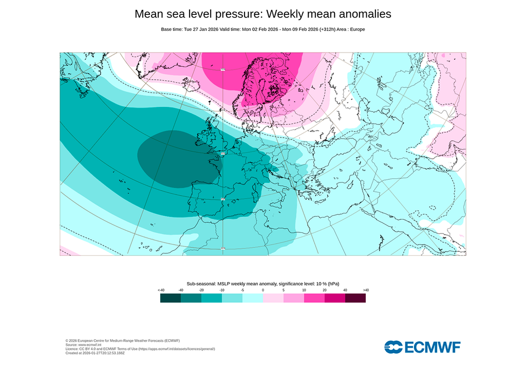 El modelo europeo contempla que esta circulación tan intensa de borrascas por latitudes relativamente bajas se mantendrá hasta la primera parte de febrero, al menos.