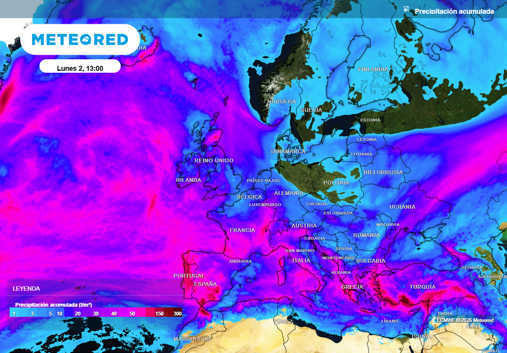 Con la distribución de las precipitaciones previstas en los próximos días en el continente europeo podemos intuir por dónde se situará el bloqueo que está obligando a las borrascas a circular bastante al sur.