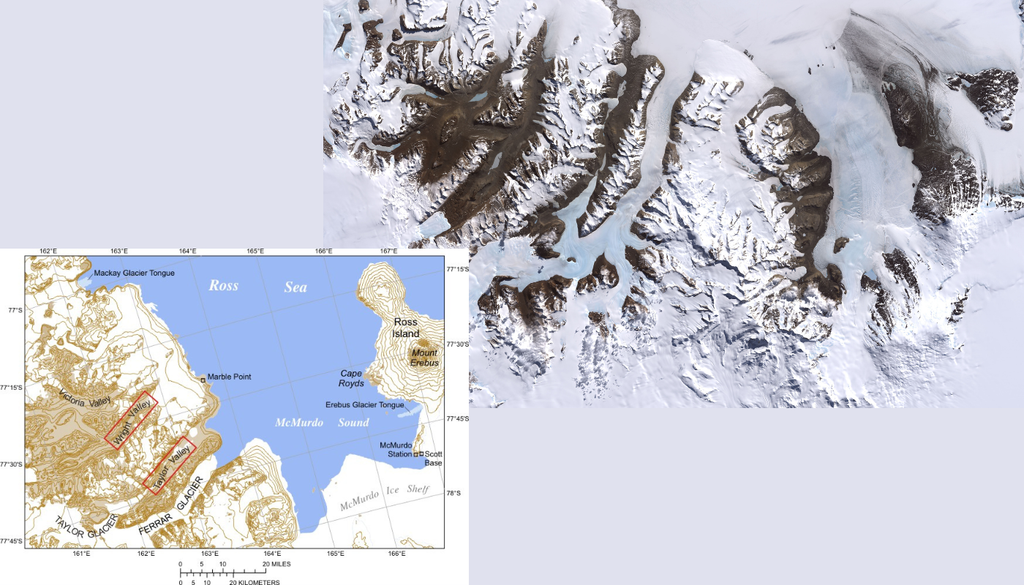 McMurdo Dry Valleys, Antarctica Imagen satelital destacan los Valles Secos de McMurdo. Crédito: NASA Landsat 7.