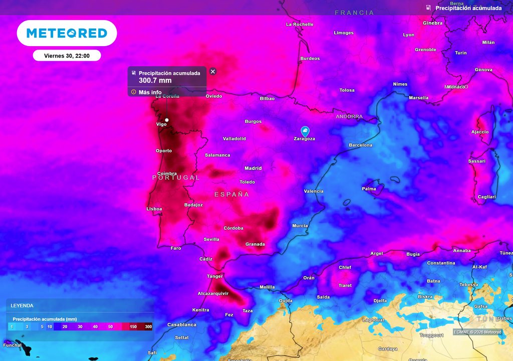 Importantísimos acumulados en muchas zonas de la pen��nsula hasta el próximo viernes. Se podrían superar los 300 l /m2 en puntos de la mitad oeste de Galicia.