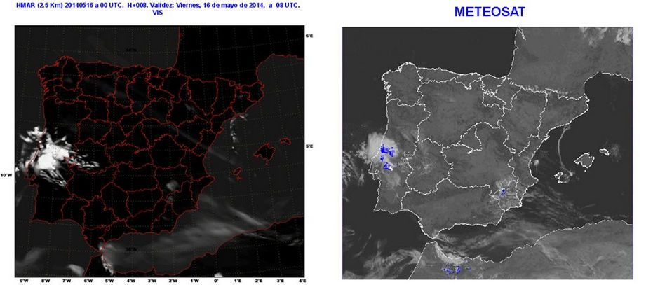 Imagen de la izquierda: imagen prevista en el canal visible según Harmonie. El realce utilizado no destaca los elementos de la superficie terrestre.Imagen de la derecha: imagen visible junto la reflectividad superpuesta en colores de los datos mosaico nacional radar.Datos: 16 de mayo de 2014 a las 08 UTC