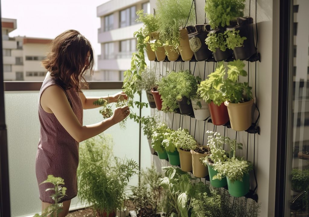 Mujer con plantas en terraza pequeña departamento