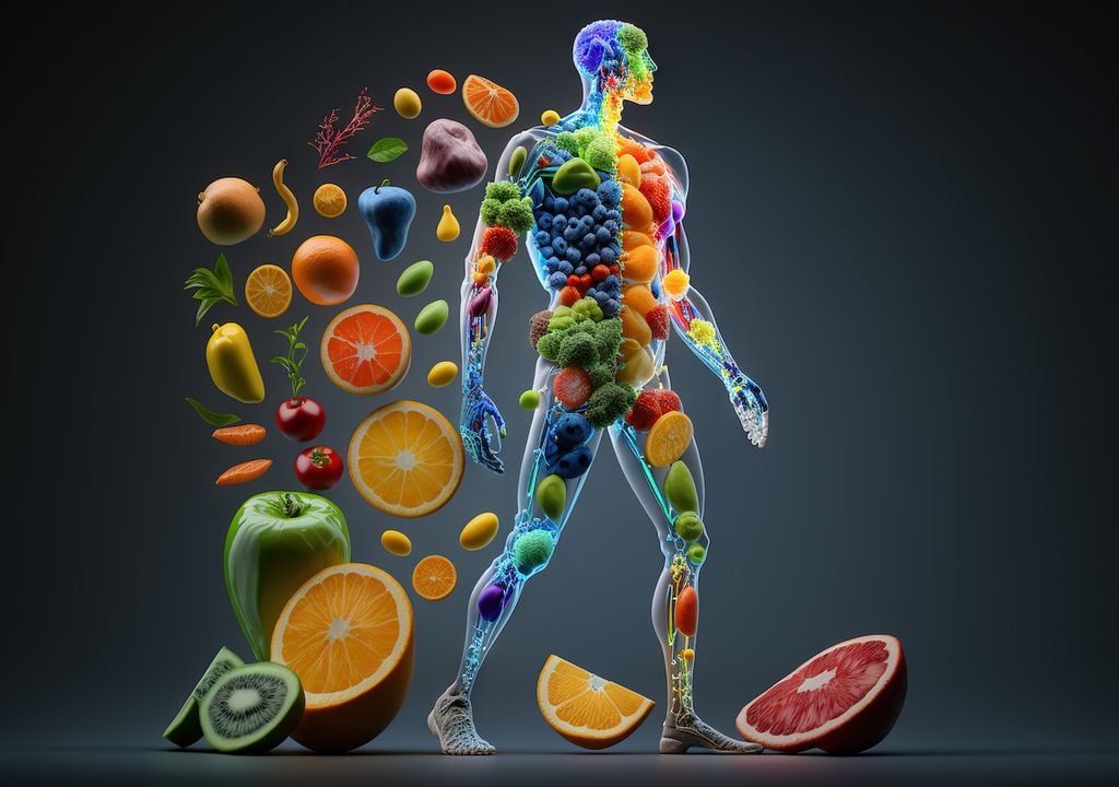 cuerpo humano y frutas; concepto de salud y consumo de frutas
