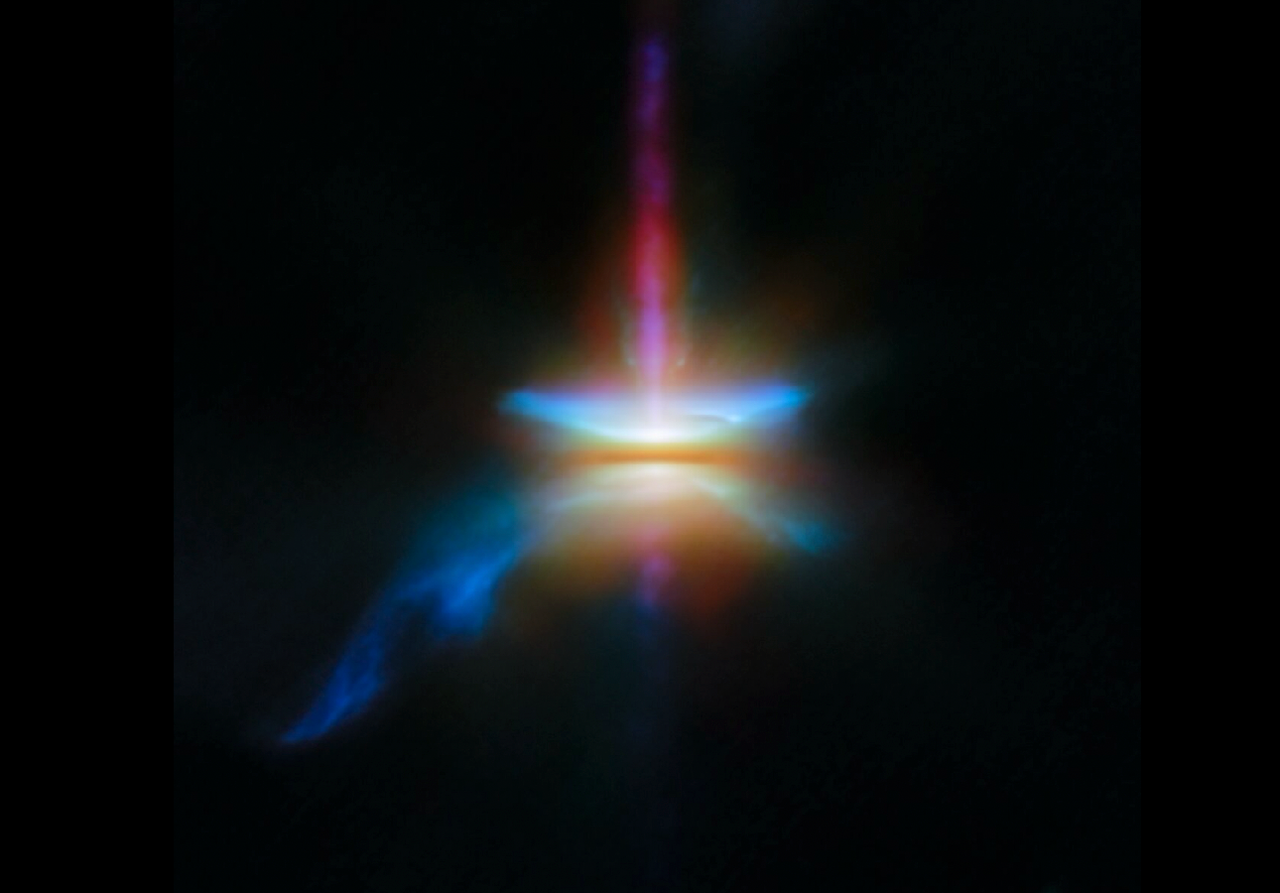 L'affascinante immagine di Herbig-Haro 30 (HH 30) nell'immagine composta dei telescopi James Webb, Hubble e Alma. Credit: ESA/Webb, NASA & CSA, Tazaki et al.