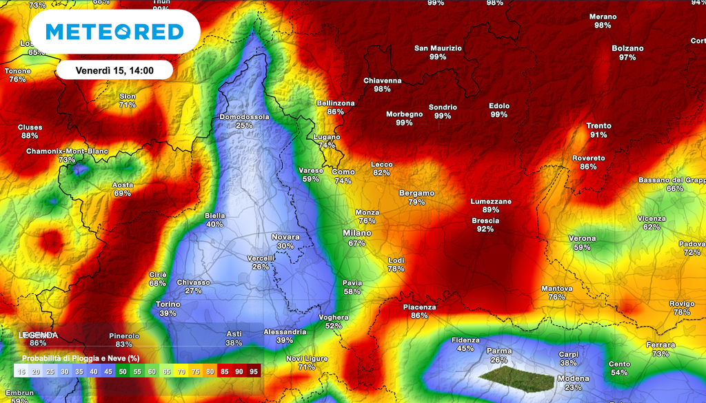 Mappa relativa alla probabilità di piogge oggi pomeriggio in Lombardia