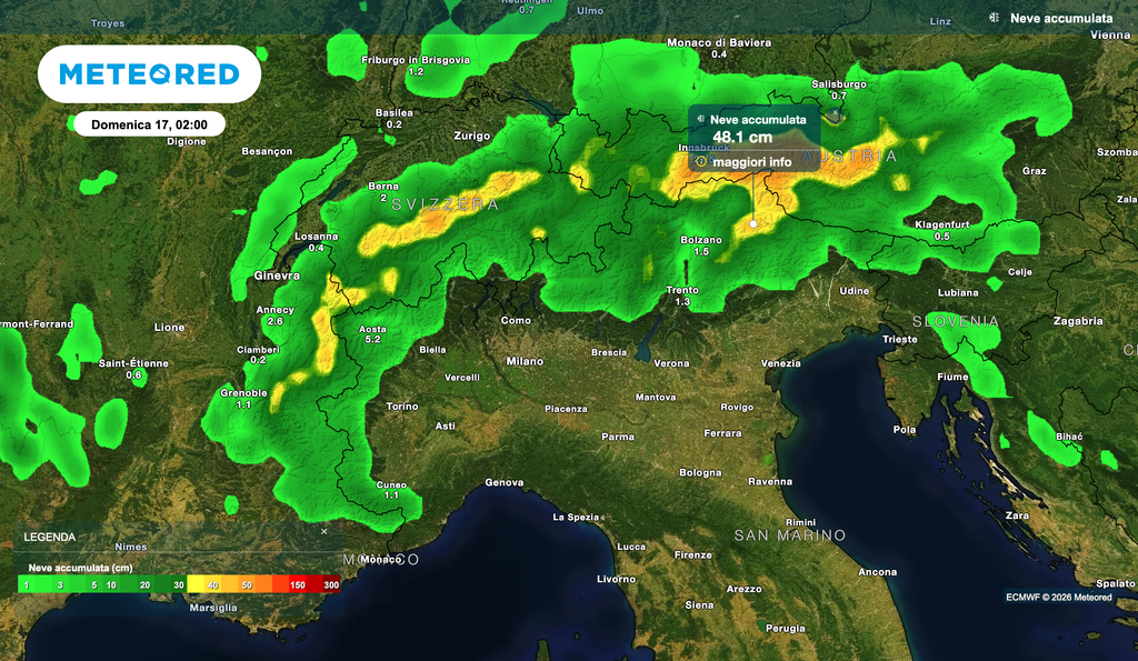 Insolita nevicata tardiva secondo ECMWF, fra venerdì 15 e domenica 17 maggio possibili 30-50 cm sulle Alpi italiane, e oltre mezzo metro in Austria e Svizzera.
