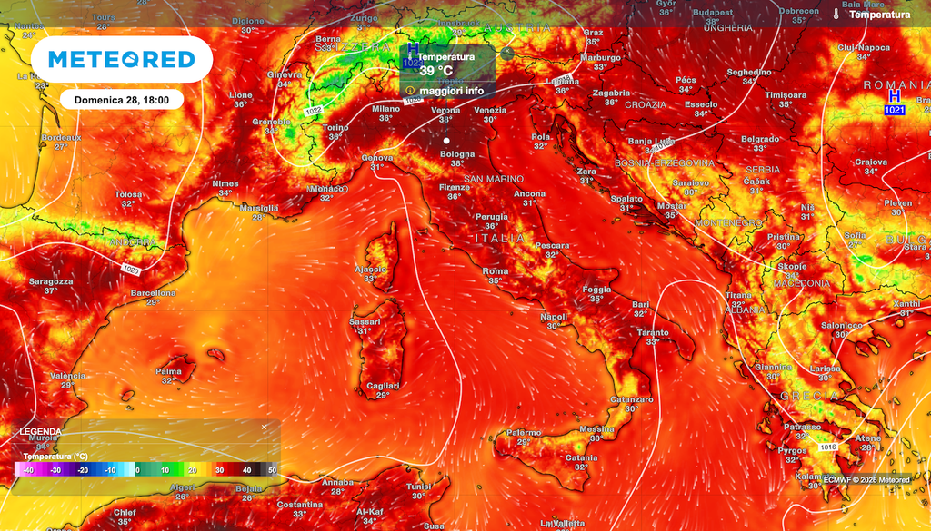 Ecco l'ultima elaborazione ECMWF, che vede temperature massime fino a 39°C domenica al nord, 38°C al centro. I modelli più dettagliati però vedono alcune zone anche a 40°C.