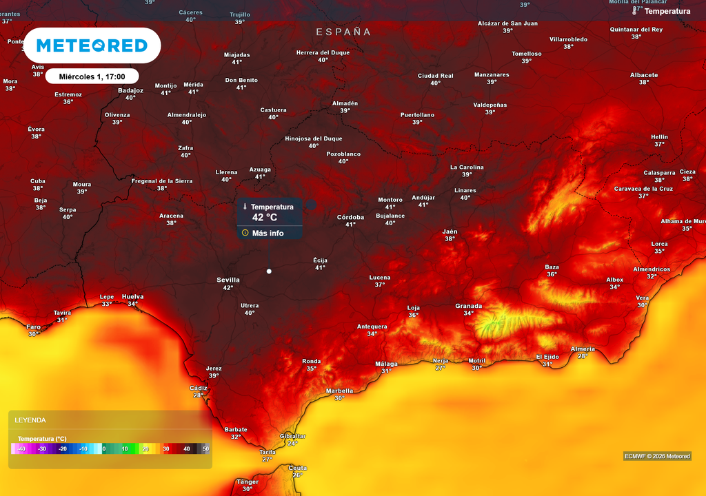 Las temperaturas superarán ampliamente los 40 ºC en amplias zonas del valle del Guadalquivir y oeste de la región.