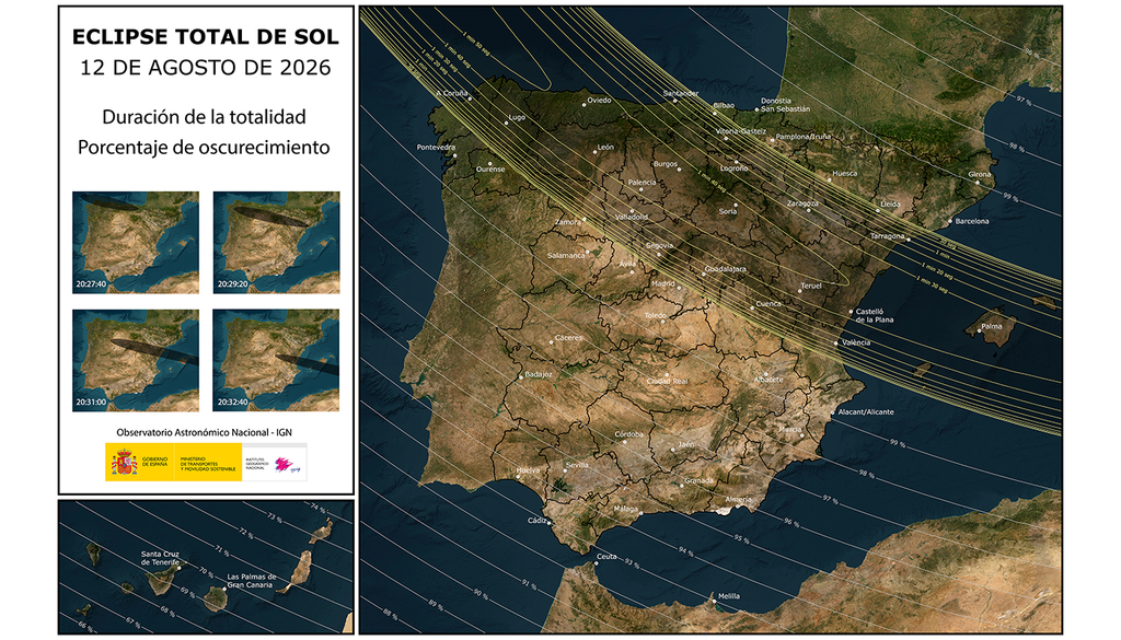 Carte indiquant la durée de la phase de totalité et le pourcentage d’obscurcissement lors de l’éclipse du 12 août. Source : IGN. Carte indiquant la durée de la phase de totalité et le pourcentage d’obscurcissement lors de l’éclipse du 12 août. Source : IGN.