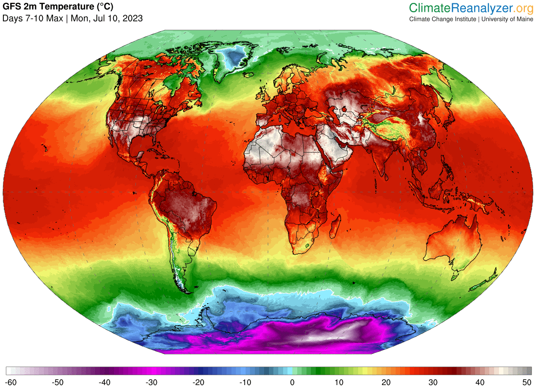 Temperaturas máximas previstas a 2m alrededor del 10 de julio de 2023: zonas como Argelia, Irak o Arabia Saudita, entre otras, podrían llegar a los 50 ºC . ClimateReanalyzer