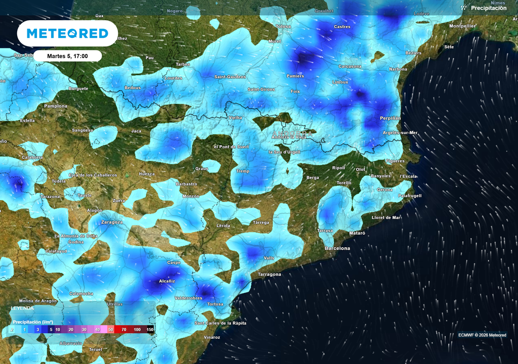 Mapa de precipitaciones esperadas a las 17:00 h en Cataluña, según el modelo europeo. Los acumulados serán muy irregulares, como es habitual en estas situaciones.