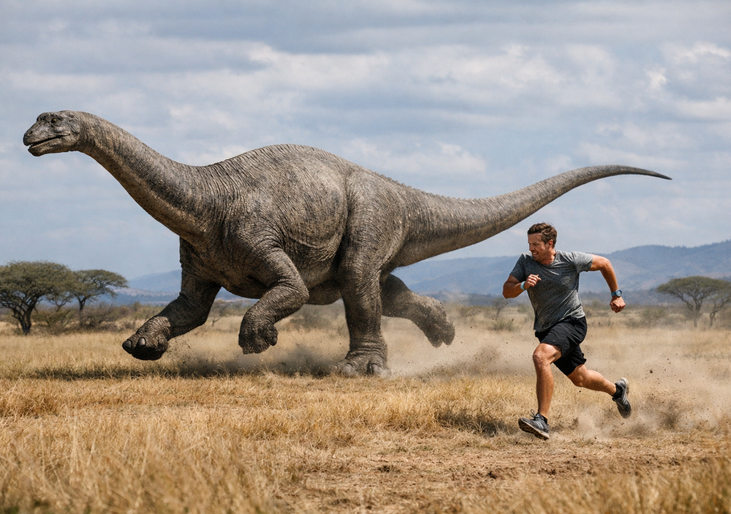 Un estudio ha revelado la velocidad de los saurópodos y los mamuts. Hemos comparado las conclusiones con un ser humano en carrera. Imagen generada con IA: Chat GPT.