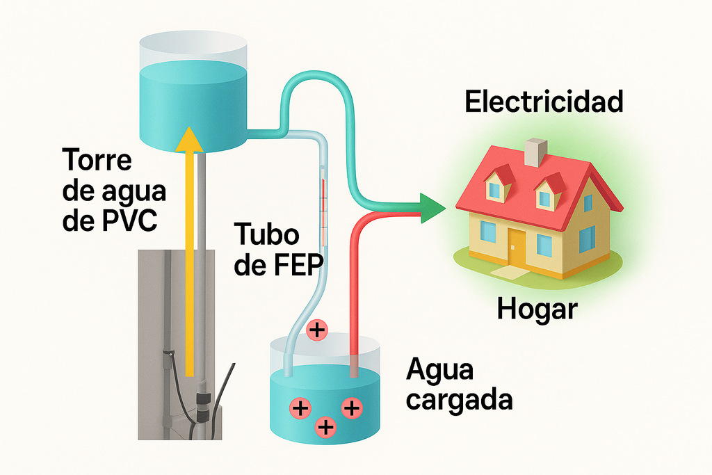 "Esquema del sistema de generación de electricidad a partir del flujo de agua, utilizando una torre de agua y un tubo FEP." "Esquema del sistema de generación de electricidad a partir del flujo de agua, utilizando una torre de agua y un tubo FEP."
