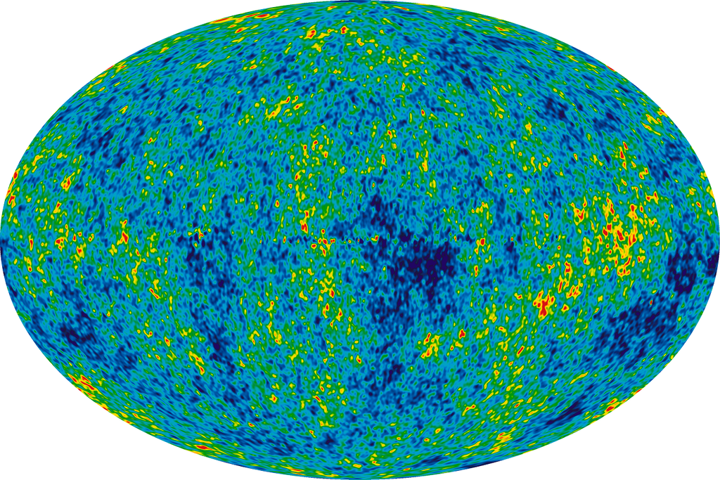 Mapa del fondo cósmico de microondas del universo temprano, obtenido con 9 años de WMAP, mostrando fluctuaciones primordiales. Crédito: NASA/WMAP.