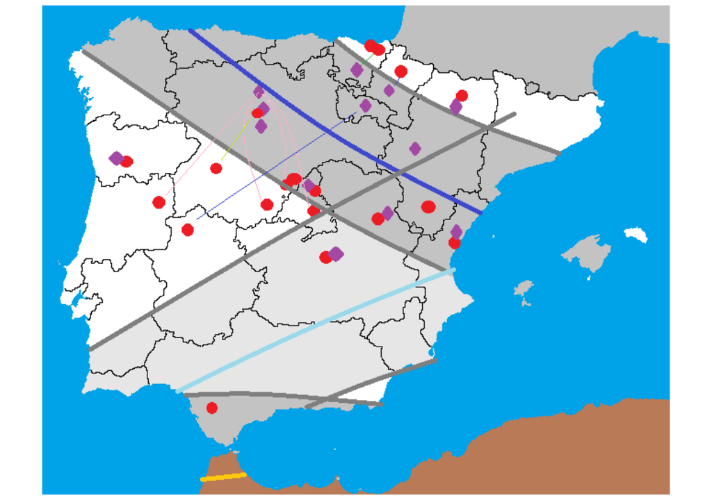 Los puntos rojos representan la ubicación de los equipos participantes y los rombos morados la localización 'provisional' de los lanzamientos.