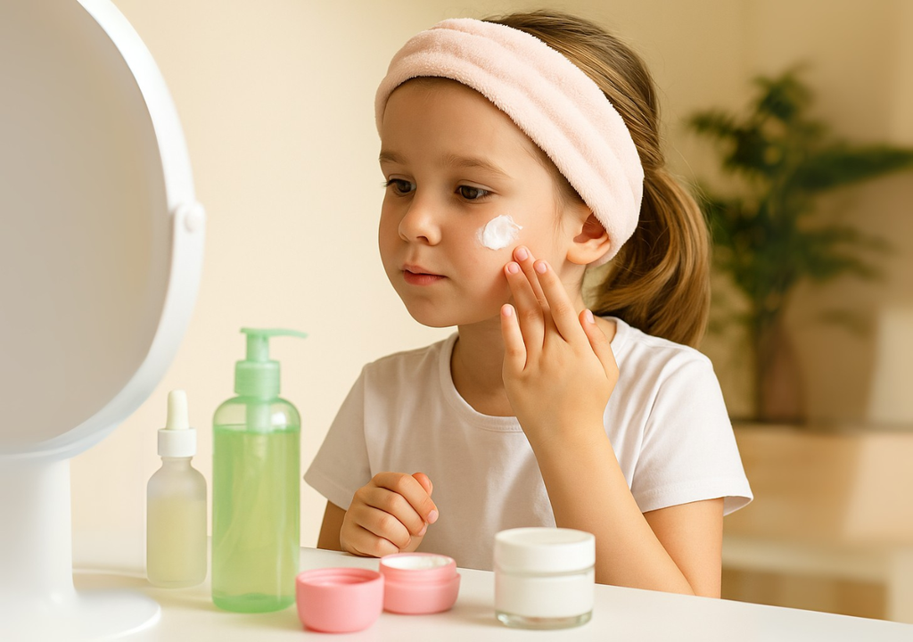 Una niña aplica crema facial como parte de la tendencia viral #KidSkincare. Una niña aplica crema facial como parte de la tendencia viral #KidSkincare.