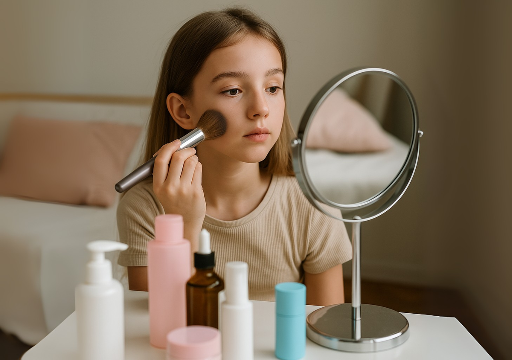 Niña realizando una rutina de cuidado facial con varios productos cosméticos, reflejo de la presión estética impulsada por tendencias virales en redes sociales. Niña realizando una rutina de cuidado facial con varios productos cosméticos, reflejo de la presión estética impulsada por tendencias virales en redes sociales.