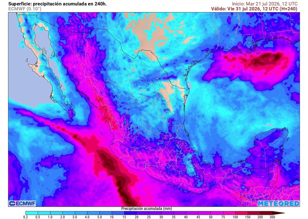 Pronóstico de lluvias acumuladas en milímetros La mayor cantidad de lluvia se concentrará sobre la Sierra Madre Occidental y franja centro-sur por Monzón y ciclones/ondas tropicales; el resto del país tendrá déficit.