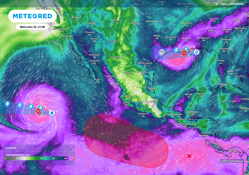 Pronóstico de agua precipitable y ciclones tropicales Sobre el Pacífico, seguirán formándose tormentas y huracanes en próximas semanas, aportando humedad con tormentas, mientras Caribe y Golfo de México siguen en calma.
