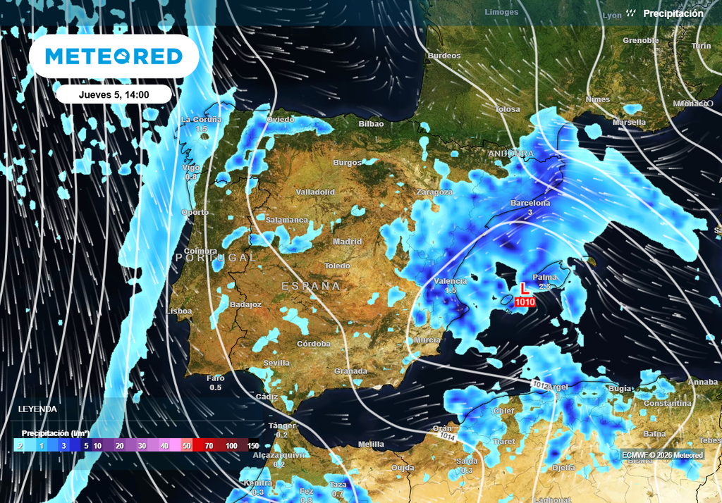 Con el flujo del este-sureste las precipitaciones más cuantiosas se concentrarán entre la Comunidad Valenciana y Cataluña en los próximos días, según la última actualización del modelo europeo.