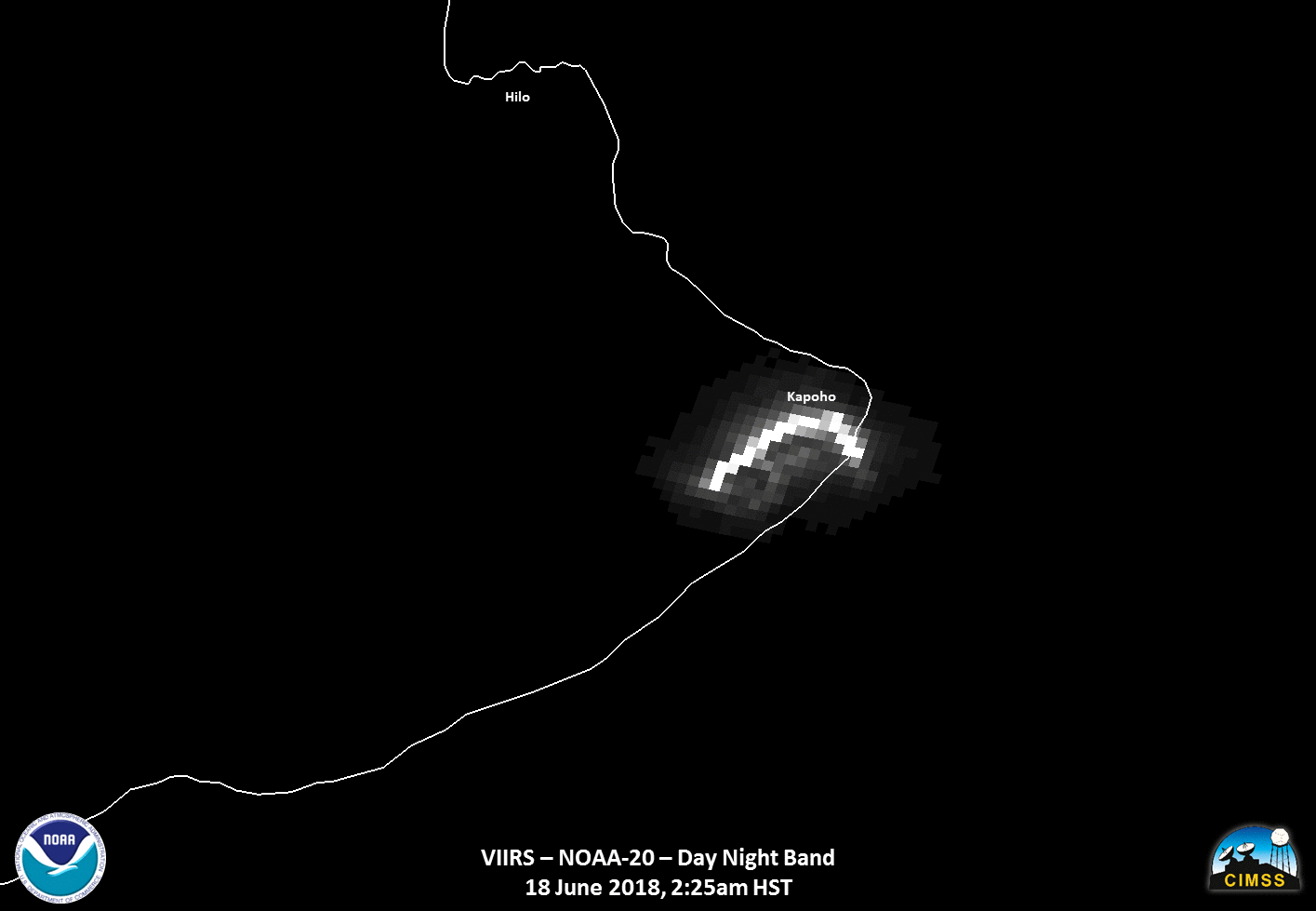Imágenes de NOAA-20 VIIRS banda día/ noche (0.7 um), imagen IR 3.75 um, IR 4.05 um e IR 11.45 um