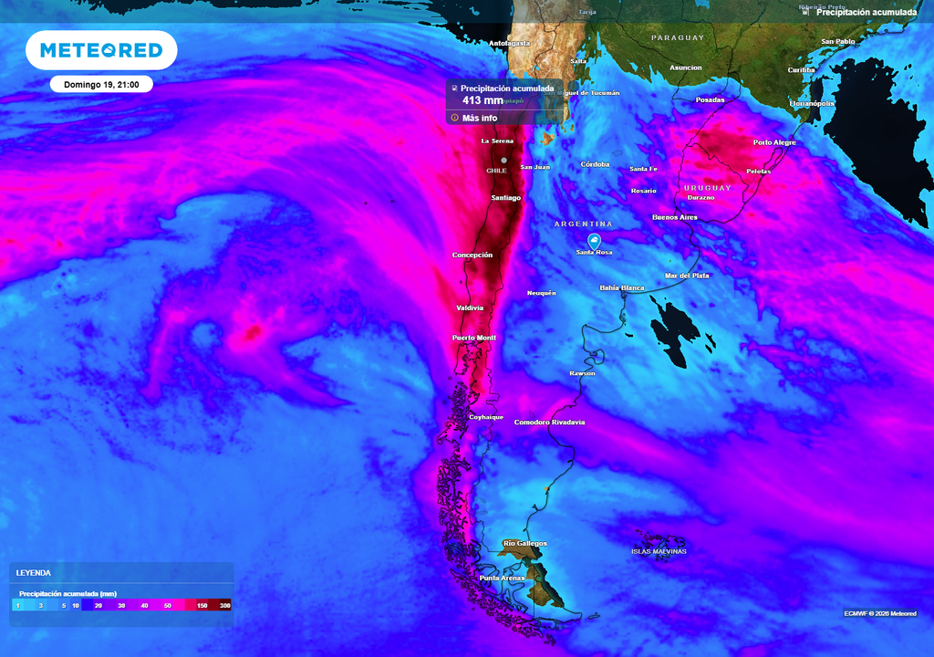lluvias acumuladas previstas Extraordinarios son los volúmenes de lluvia previstos para las próximas jornadas. La precipitación está siendo incrementada por exceso de vapor de agua que viaja desde la región del Pacífico donde El Niño está presente.