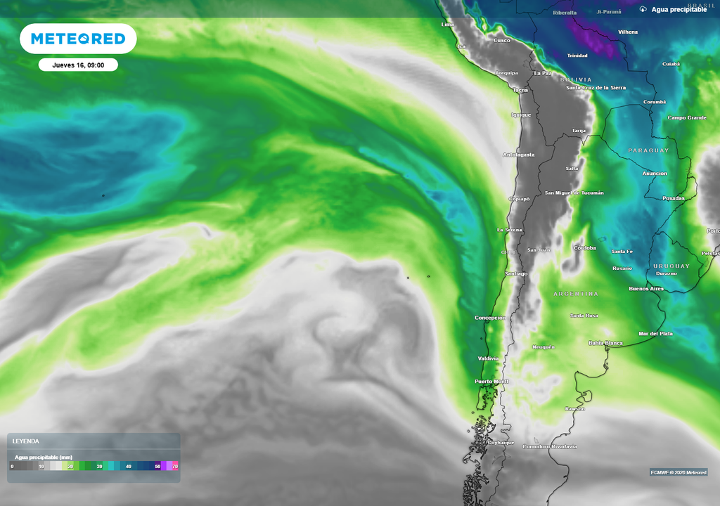 agua precipitable Grandes cantidades de agua precipitable avanzan hacia Chile. Las lluvias esperadas son abundantes y podrían ser consideradas históricas.