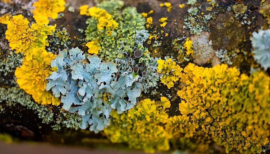color liquen En los períodos secos muchos líquenes permanecen deshidratados y con colores apagados, recuperando rápidamente su aspecto tras las lluvias.