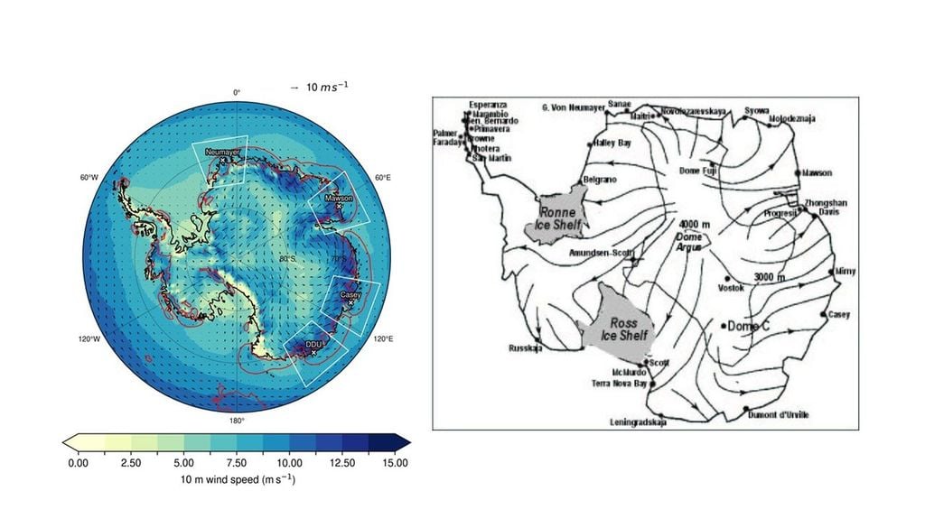 Sinistra: mappa delle intensità medie del vento in Antartide secondo la rianalisi ERA5, tra gennaio 2010 e dicembre 2017. Fonte: EGU. Destra: schema dei venti in Antartide. Adattato da Marks et al. 1999.
