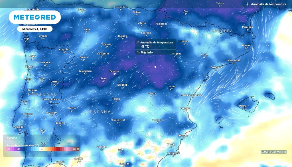 Las anomalías térmicas negativas en superficie serán notables en buena parte del país, sobre todo en el interior.