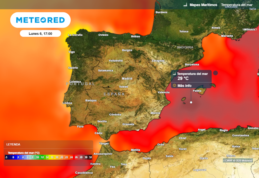 La temperatura del agua del mar se acercará a los 30ºC en el entorno de las Islas Baleares durante los próximos días, y rondará los 25ºC en el Cantábrico.