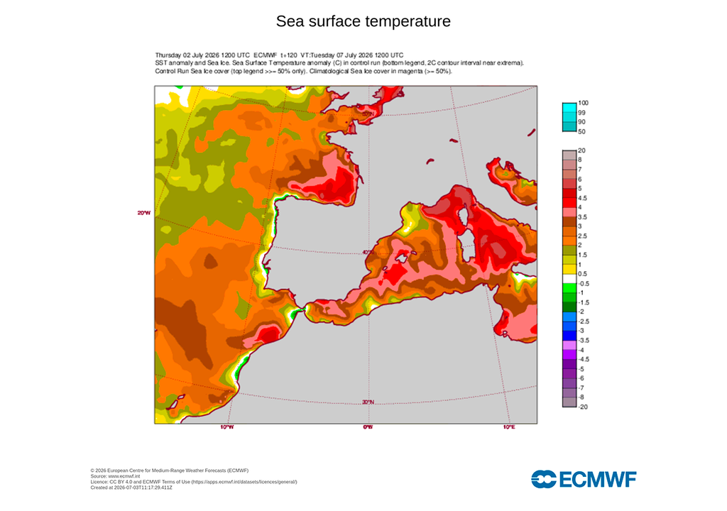 Las anomalías de la temperatura del mar tardarán en corregirse, pudiendo acentuarse aún más después de este próxima probable ola de calor, contribuyendo a alterar las condiciones meteorológicas de buena parte del continente.