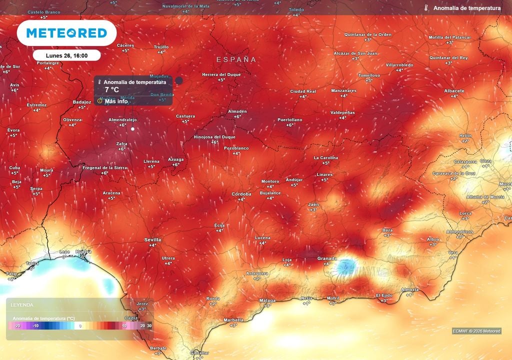 Las anomalías térmicas serán de hasta 7 ºC en buena parte del sur peninsular.