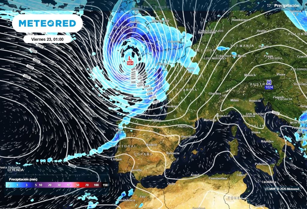 Los frentes asociados a Austen dejarán precipitaciones más cuantiosas en Galicia, extendiéndose de forma más irregular al tercio septentrional y Baleares.