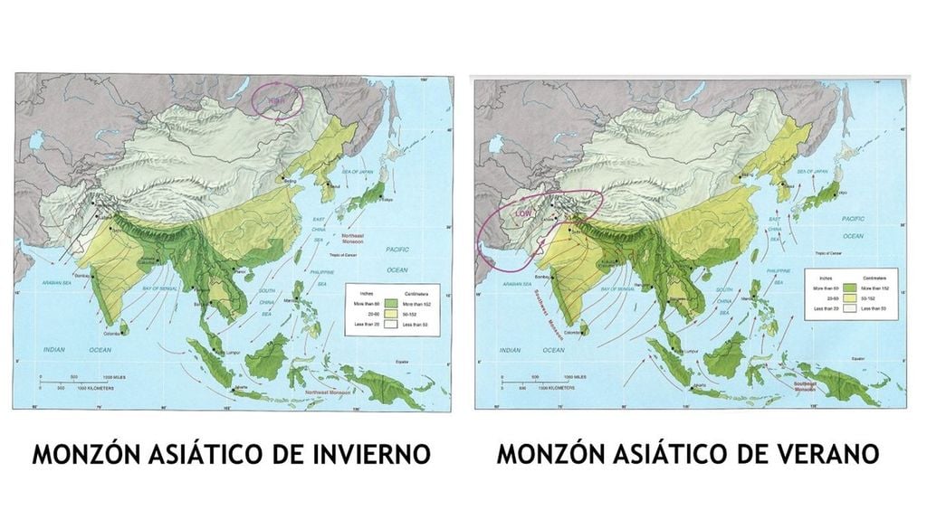 Monzón de invierno y de verano Regímenes de vientos monzónicos dominantes en Asia durante los meses de invierno (izqda.) y verano (dcha.). Fuente: Blog de Inam-ur-Rehman (https://inamre.blogspot.com/)