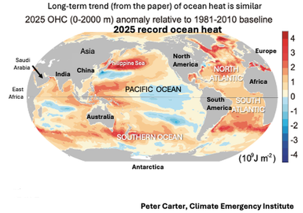 Anomalías del contenido de calor oceánico (OHC, por su siglas en inglés) para 2025 de récord: positivas en escala de rojos y negativas en azules.