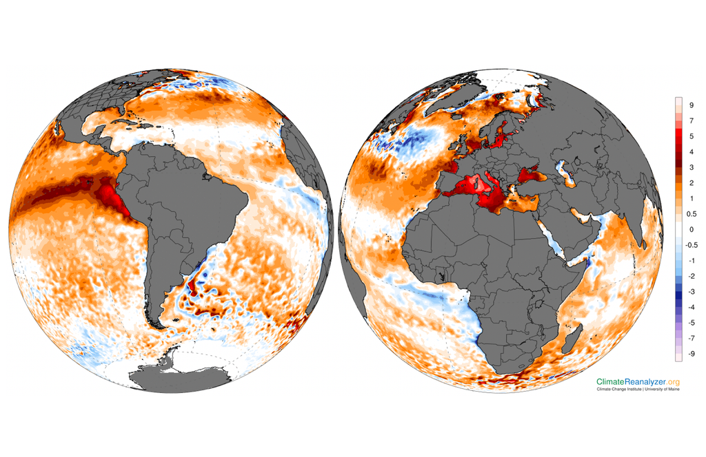 Anomalías de SST Anomalías de SST el día 30 de junio de 2026 en el Pacífico (izquierda) y el Mediterráneo (derecha). Fuente: Climate Reanalyzer.