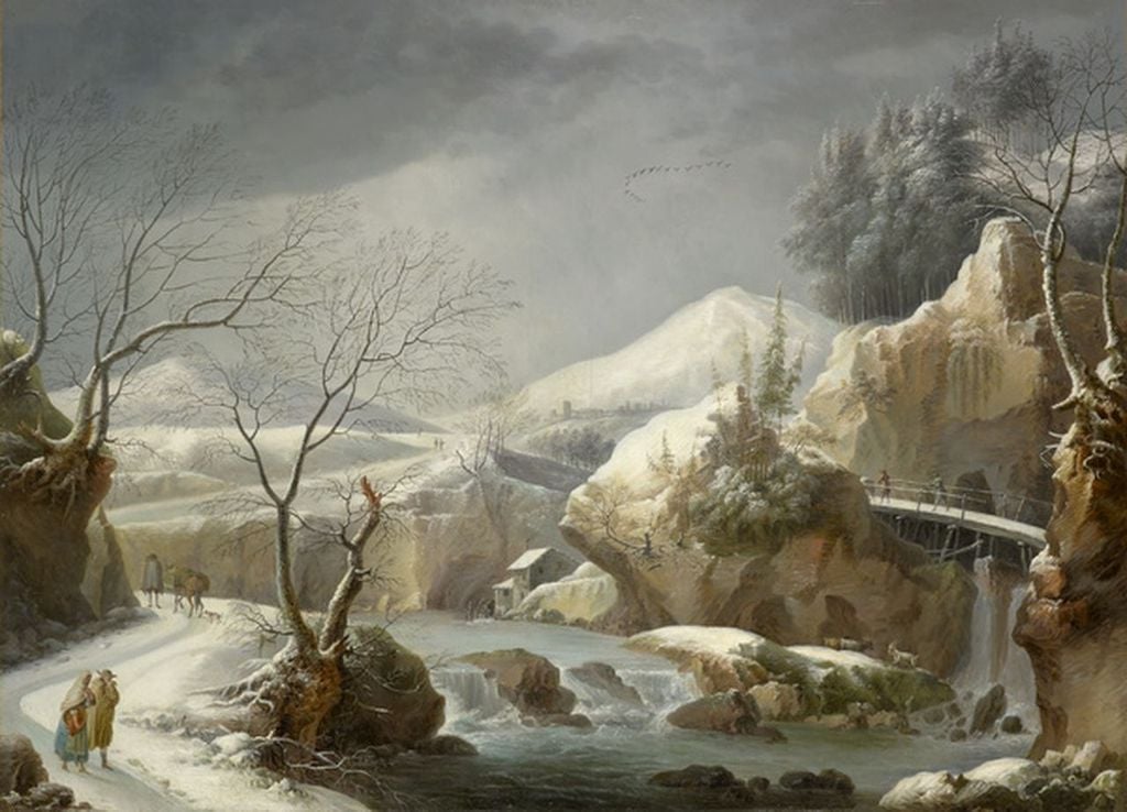 Paisaje invernal con torrente y cascada