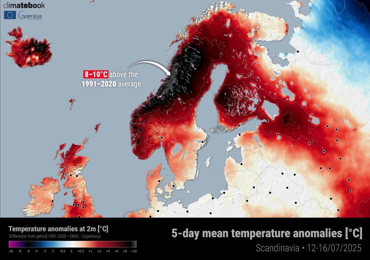 Anomalías de temperatura en el pico de la ola de calor en países nórdicos entre el 12 y el 15 de julio. Imagen: EU/Copernicus
