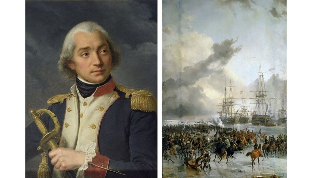 General Pichegru Izquierda: General francés Jean-Charles Pichegru. Retrato de Alexandre-François Caminade. Derecha: La caballería francesa captura la flota holandesa atrapada en el hielo en las aguas de Texel, 21 de enero de 1795. Cuadro de Charles Louis Mozin (1836).