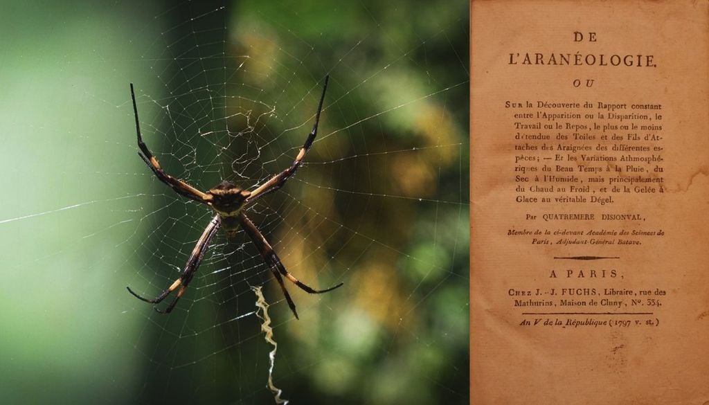 Tratado sobre las arañas La observación de las telarañas en la prisión de Utrecht permitió a Quatremère Disjonval anticipar cambios de tiempo. Los resultados de sus investigaciones los publicó en su tratado De L'aranéologie, publicado en París en 1797 (derecha).
