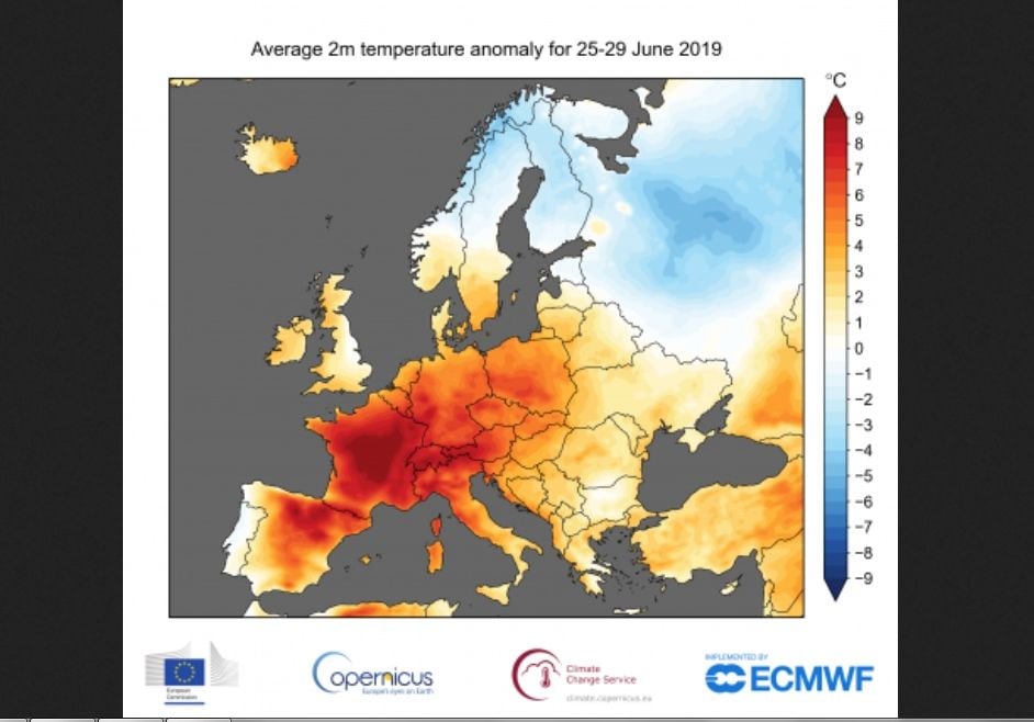 Anomalías de temperatura a 2 m para el periodo 25-29 de junio de 2019