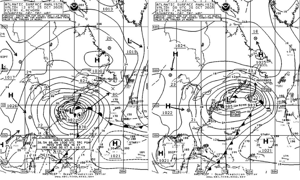 Los Récords Del Mundo De Bajas Presiones. Parte I Figura 3. Mapas de superficie del Atlántico Norte válidos para las 1200 UTC del 25 de octubre, con Wilma y su 982 mb de presión en su centro, a la izquierda, y a las 0000 UTC del 26 de octubre de 2005, derecha, mostrando su transición a borrasca extratropical desde el punto de vista de mapas de superficie.