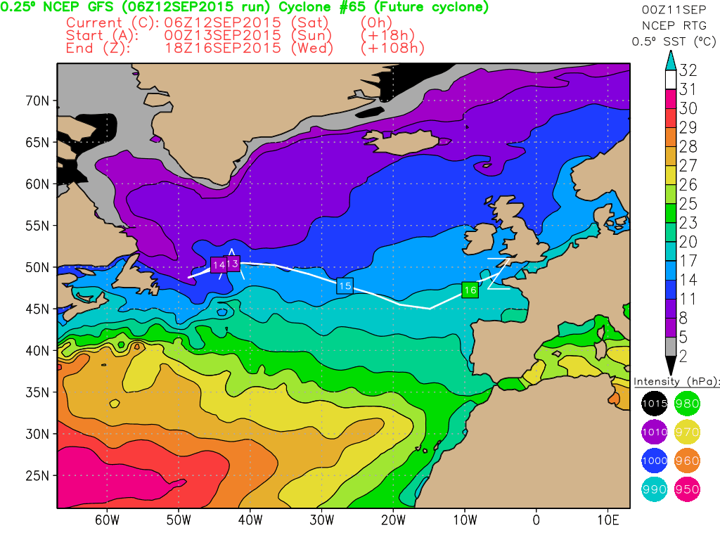 Trayectoria de la baja en superficie prevista por GFS sobre temperaturas frescas del AN lejos de la zona de fuerte gradiente de temperatura del agua del mar, más al sur.